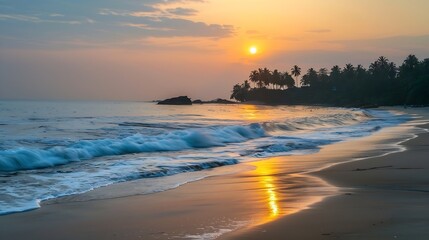 Kerala beach scenery Stunning sunset sky with tropical beach landscape Dramatic sunset background with ocean wave shot from Thottada beach Kannur : Generative AI