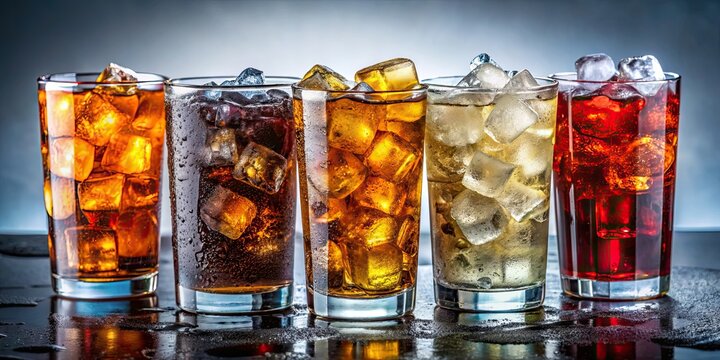 Soft drinks with ice cubes isolated on background, beverage, soda, refreshment, cold, glass, chilled, drink, carbonated, cool
