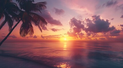 Beautiful sunset  Sunset over the ocean with tropical palm trees  Paradise beach : Generative AI