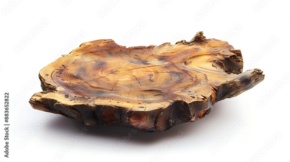 Poster Wooden plate carved from tree trunk isolated on white background Can be used like stand for your object : Generative AI