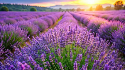 Fototapeta premium Vibrant lavender field , ideal for aromatherapy products, gardening guides, herbal remedies