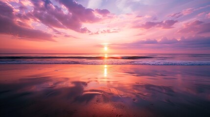 Naklejka premium Capture the mesmerizing beauty of a beach sunset with this stunning photograph As the sun dips below the horizon the sky is painted in a breathtaking palette of warm oranges pinks and : Generative AI