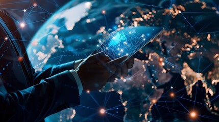 Digital technology abstract background global business internet network connection Businessman using digital tablet with data analysis social media marketing business strategy internet : Generative AI