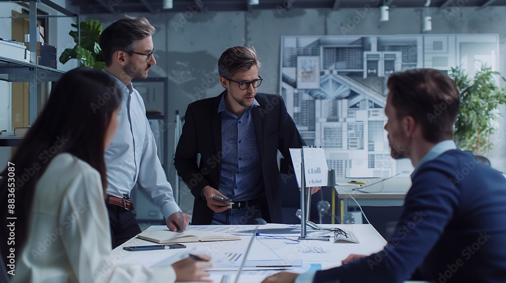 Fototapete Engineers meet in the office to work on an architectural project as a team Team of Professionals Engaged in Architectural Project Planning and Design : Generative AI
