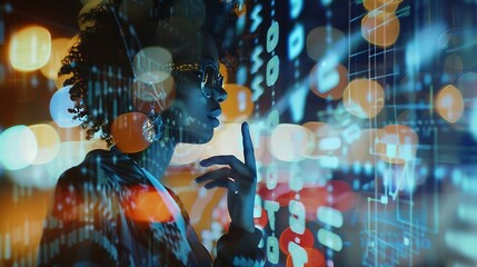 Digital overlay or black woman with phone call for communication networking or contact us at night Stock market happy or trading girl for financial invest data growth planning or doubl : Generative AI