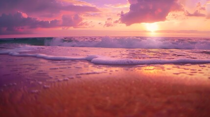 Closeup sea sand beach Panoramic beach landscape Inspire calm tropical seascape horizon Colorful sunset sky clouds tranquil relax sunlight summer sunrise mood Vacation travel holiday d : Generative AI