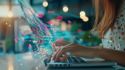 Digital marketing commerce online sale concept Businesswoman use laptop with advertising on website planning advertising marketing strategies to target social media native ad advertise : Generative AI