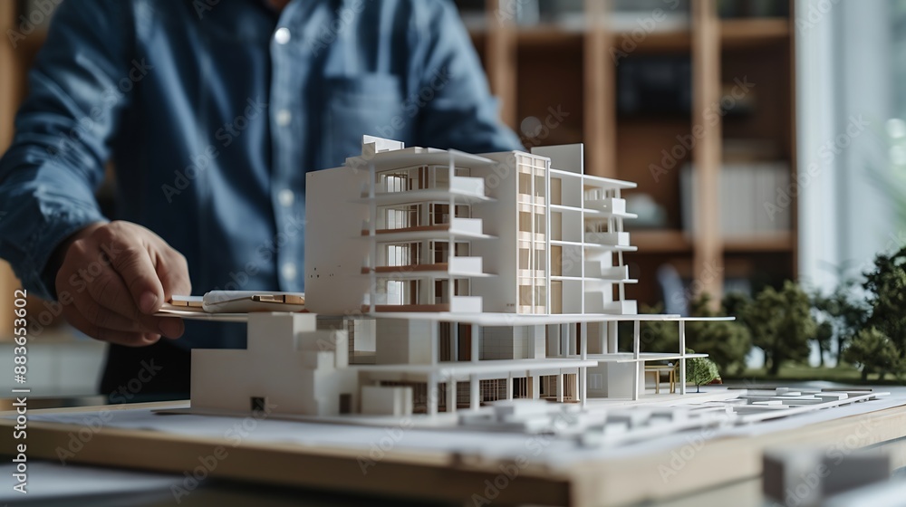 Poster Close up Asian individual architect or engineer holding building scale model of multistory building design or review of architectural plans laid out on work surface in front of them : Generative AI
