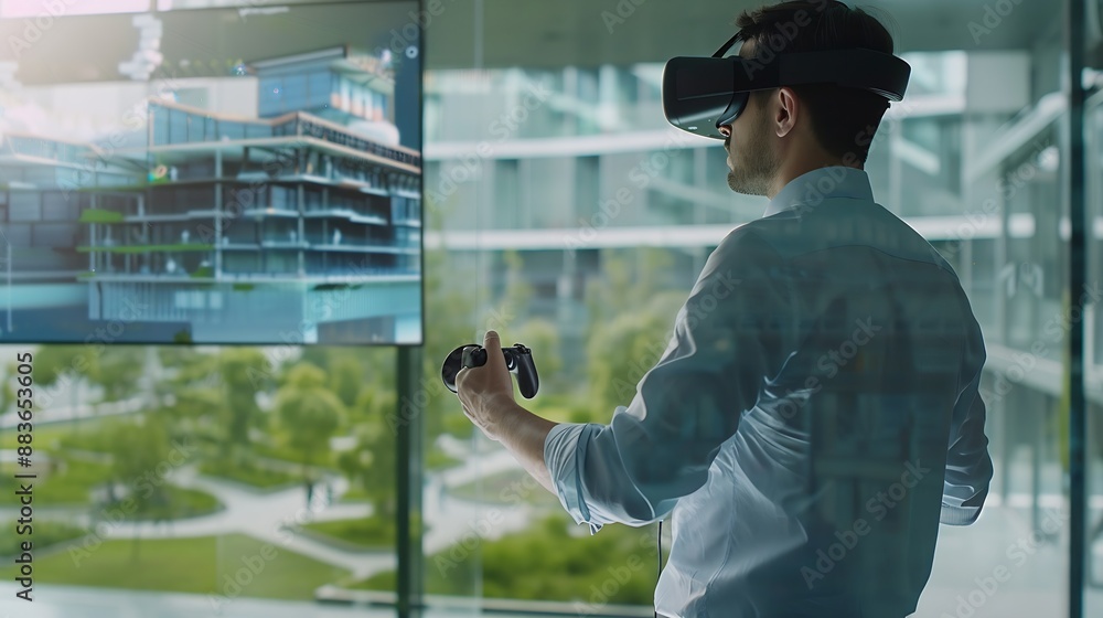 Aufkleber Male architect uses VR headset and wireless controllers presents modern hitech building and park architectural project in virtual reality to colleagues 3D hologram Future digital AI te : Generative AI