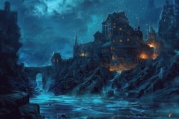 Mysterious castle by the river at night