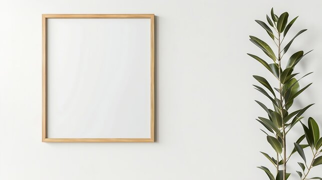 Mockup wooden square picture frame with mount vertical style isolated Blank white on thin wood frame hanging on white wall background with copy space : Generative AI