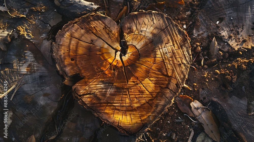 Aufkleber Heart shaped tree trunk Remaining pieces of a mango tree after cutting it down Top view : Generative AI