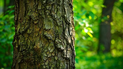 Obraz premium Closeup of a tree trunk with detailed bark texture in a vibrant green forest setting : Generative AI