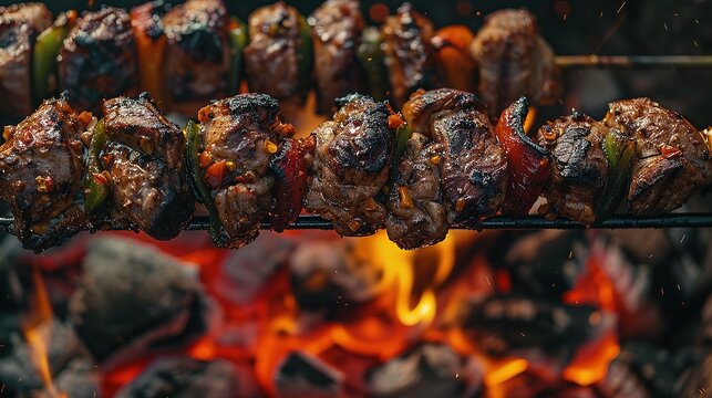 Succulent meat skewers grilled to perfection over an open fire