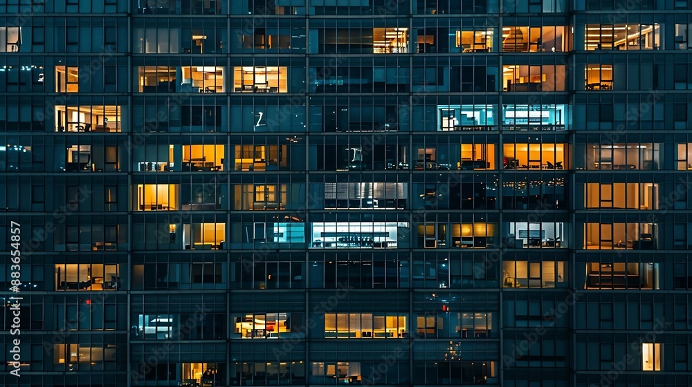 Aufkleber pattern of office buildings windows illuminated at night glass architecture corporate building at ni