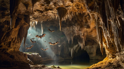 Inside the cave with fascinating stalactites and stalagmites rock formation with a lagoon or water in it and a flying bat