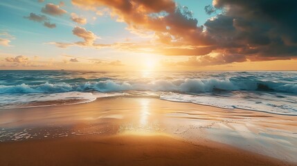 Obraz premium Closeup of sea beach and colorful sunset sky Panoramic beach landscape Empty tropical beach and seascape Orange and golden sunset sky soft sand calmness tranquil relaxing sunlight summ : Generative AI