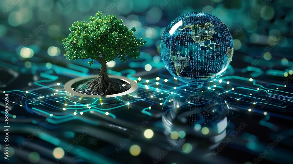 Aufkleber Tree growing on Circuit digital ball Digital and Technology Convergence Blue light and Wireframe network background Green Computing Green Technology Green IT csr and IT ethics Concept : Generative AI