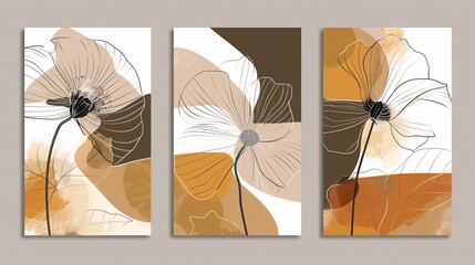 Three modern art posters with a connected line art flower, each panel contributing to the overall elegant floral composition