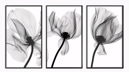 A stylish set of three posters featuring a flowing line art flower that extends across all frames, creating a seamless and artistic look