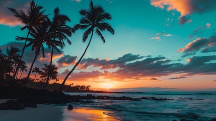 Paradise beach sunset or sunrise with tropical palm trees Summer travel holidays vacation getaway colorful concept photo from sea ocean water at Big Island Hawaii USA : Generative AI