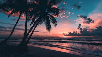 Obraz premium Best most exotic travel landscape Majestic sunset beach Coconut palm tree silhouettes fantastic colorful sky clouds Closeup waves sand Stunning tropical nature scene panoramic island p : Generative AI