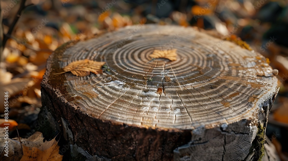 Poster Annual rings of a sawnoff tree in an autumn forest Moss on the tree stump and brown leaves on the edge Age of the tree can be counted : Generative AI