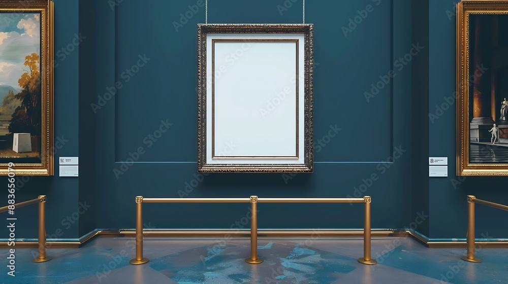 Fototapete mockup vertical white blank space in classic gold wooden square frame hanging isolated on luxury blu
