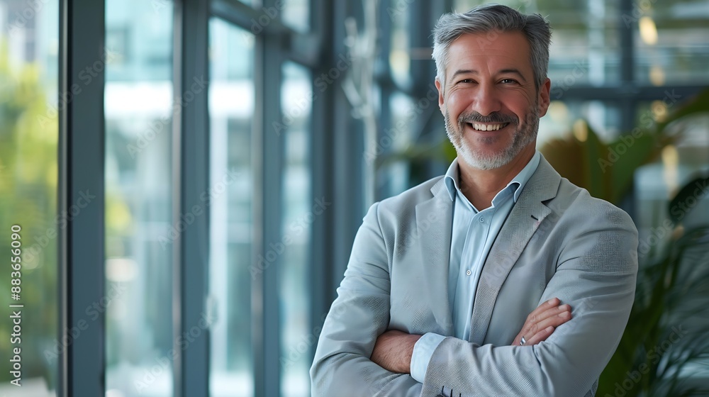 Poster portrait of a confident middle aged caucasian businessman standing in office in a bright business ce