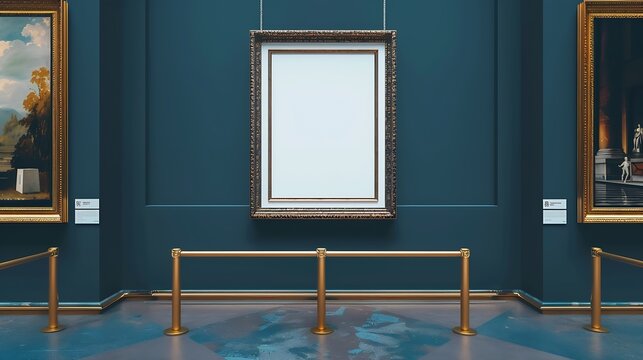 Naklejki Mockup vertical white blank space in classic gold wooden square frame hanging isolated on luxury blue background behind display stanchions Empty single vintage golden rectangular frame : Generative AI
