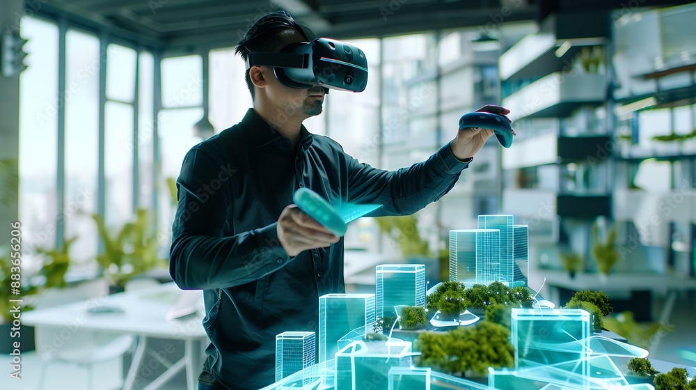 Poster Male architect uses VR headset and wireless controllers presents modern hitech building and park architectural project in virtual reality to colleagues 3D hologram Future digital AI te : Generative AI