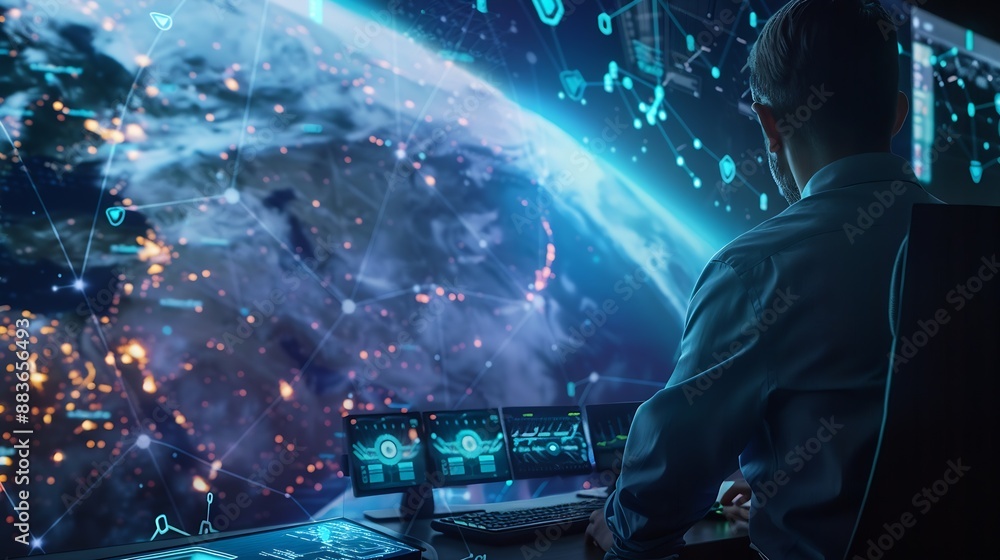 Poster Digital transformation internet network technology big data futuristic technology background man using computer with global network connection data link and exchange on virtual screen : Generative AI