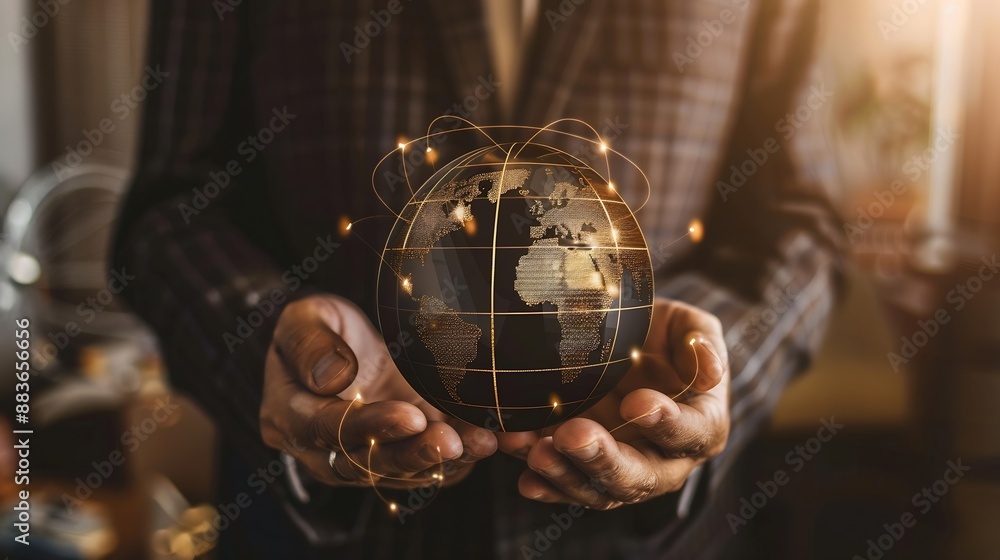 Poster digital marketing social media advertisement businessman holding global internet network with sale g