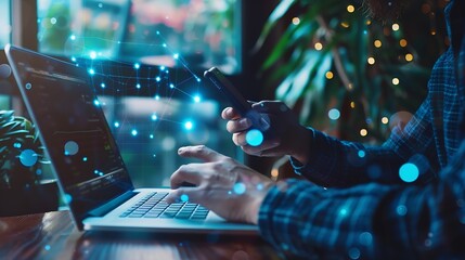 Internet of Things IoT digital marketing Ecommerce global business concept Man using mobile phone and laptop computer with digital technology internet network connection social media m : Generative AI