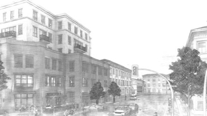 Black and white sketch of city streets at traffic lights with a background of multi-storey buildings and city people's activities