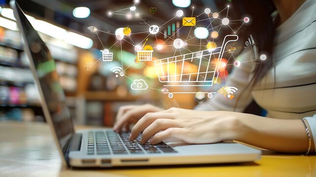 Digital marketing commerce online sale concept Businesswoman use laptop with advertising on website planning advertising marketing strategies to target social media native ad advertise : Generative AI