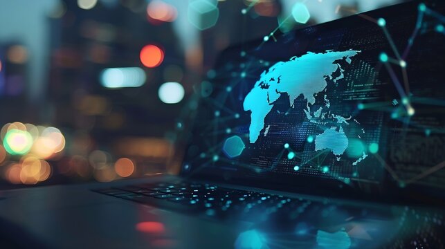 Close up of laptop on desktop with polygonal globe hologram on blurry background World map with global social network Future concept Blue futuristic background with planet Double expos : Generative AI