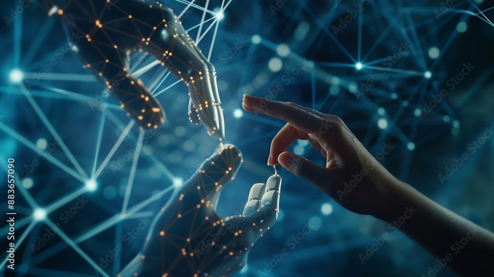 Leinwandbilder Ai technology Machine learning Chatbot Hands of robot and human Data exchange on abstract cube network connection Deep learning Innovative Business and artificial intelligence technolo : Generative AI