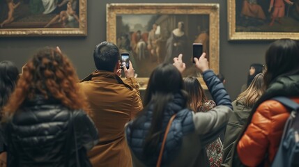 People at the art gallery they are taking pictures of a painting using their smartphones : Generative AI