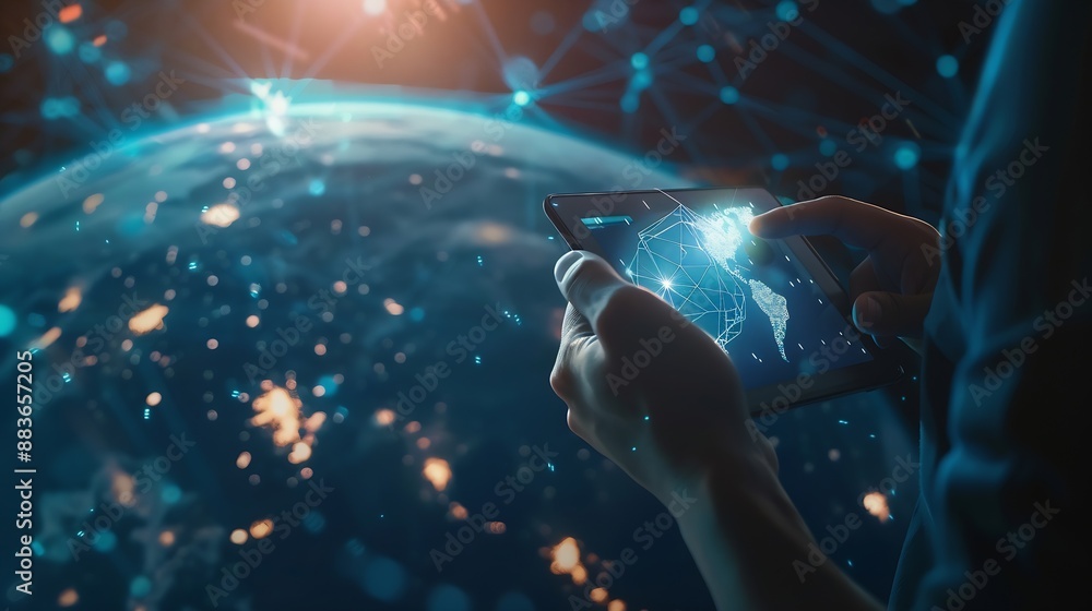 Aufkleber Global internet network connection global business internet of thing concept Business man using digital tablet social networking digital marketing internet technology futuristic tech b : Generative AI