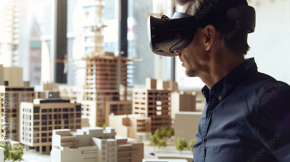 Poster Architect man and virtual reality architecture model construction and building with future technology and UX VR goggles design and engineering metaverse and simulation of property deve : Generative AI