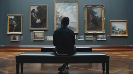 Hispanic male visitor looking reflective while sitting on a bench and admiring the various paintings on the wall of an art gallery : Generative AI