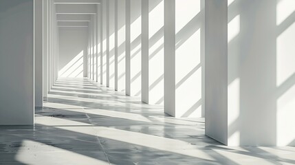 Obraz premium Interior of empty spacious loft hallway with geometrical shadows and sunlight on white walls : Generative AI
