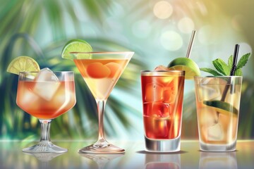 Fototapeta premium Four beverages of varying colors, presented with ice and complementary fruit slices for a refreshing, aesthetically pleasing display