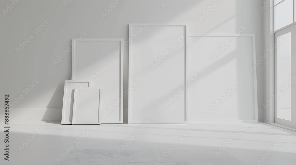 Poster transform space into art gallery with modern picture frames white design and empty templates create 