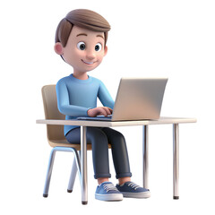 3D Cartoon Boy Using Laptop At Desk Isolated On White Background, 3D Rendering, Boy, Laptop, Desk