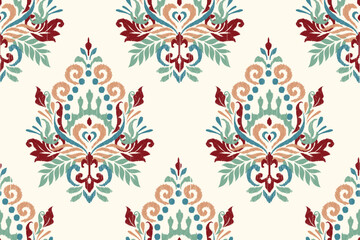 Seamless Ikat floral pattern on white background,Ikat design embroidered vector illustration.design for texture,fabric,clothing,decoration,print.