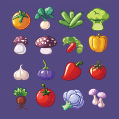 Fototapeta premium Colorful Cartoon Vegetables and Mushrooms Set for Game Design