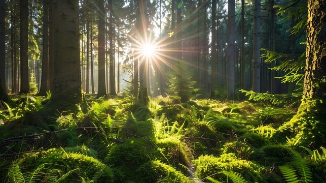 Sun shines through light spruce forest soil overgrown with moss and fern mountain range Deister Lower Saxony Highlands Niedersachsen Germany Europe : Generative AI