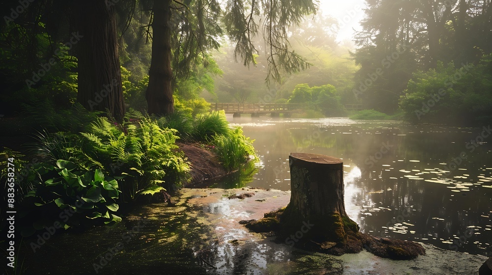 Poster early in the morning at a pond with beautiful vegetation and an atmospheric lagoon landscape in inve